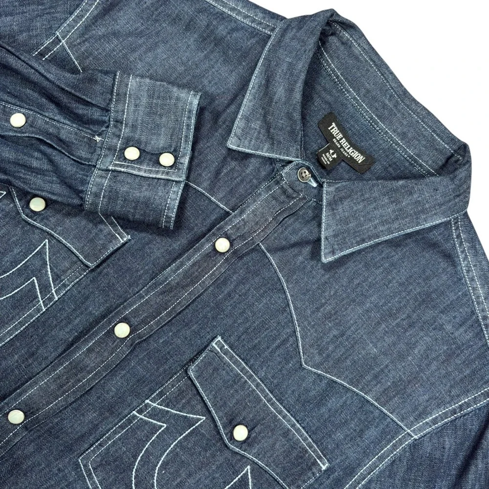 True Religion Denim Western Shirt Mens M Dark Wash Blue Indigo Pearl Snap Logo